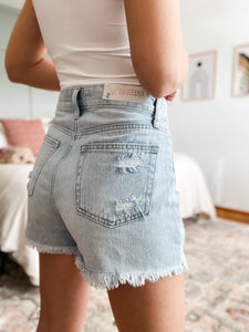 Light Wash High Rise Distressed Denim Shorts White Willow Boutique